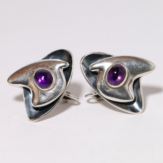 Vintage Sigi Pineda Taxco Jewelry | Modernist Amethyst Abstract Earrings