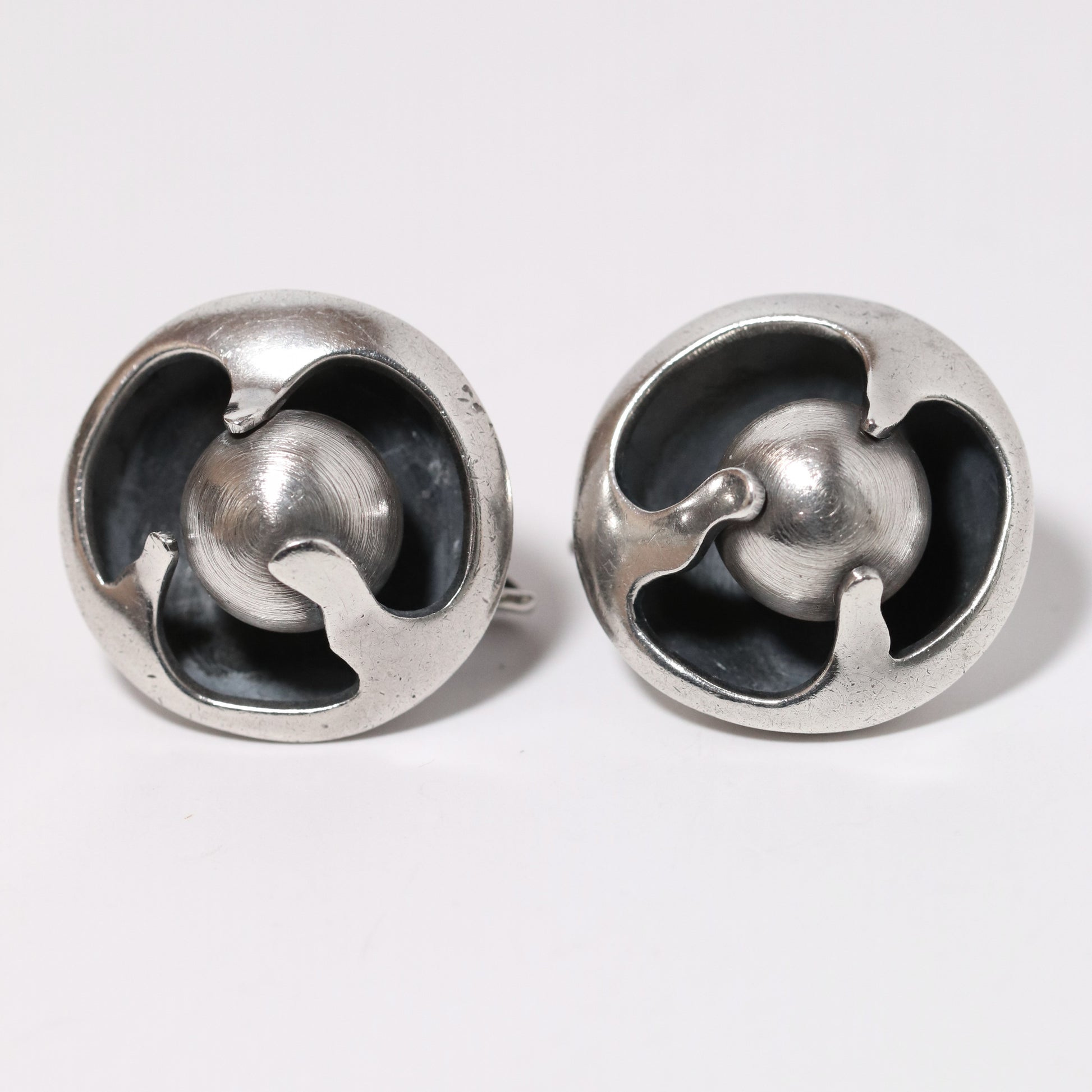 Sigi Pineda large encased ball Taxco silver earrings with sculptural modernist design