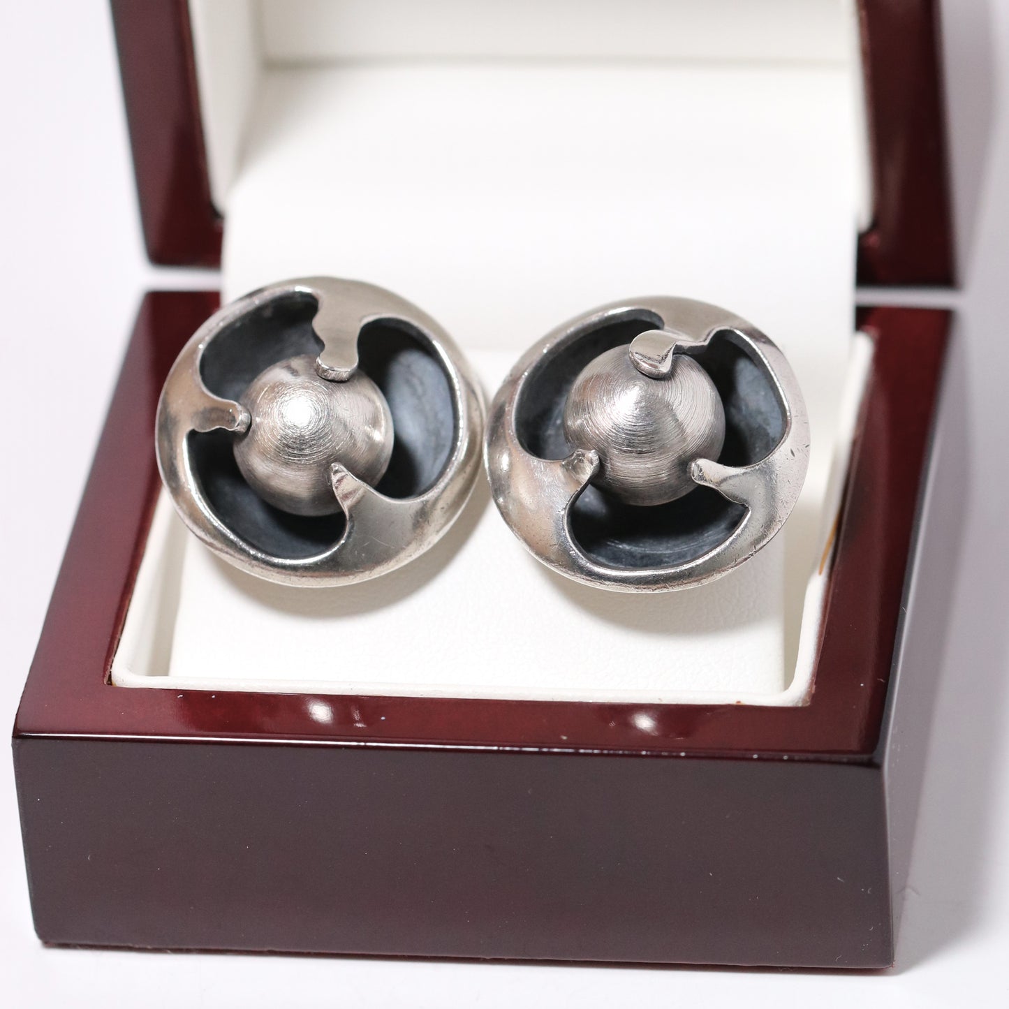 Sigi Pineda large Taxco silver earrings with encased ball design in jewelry box