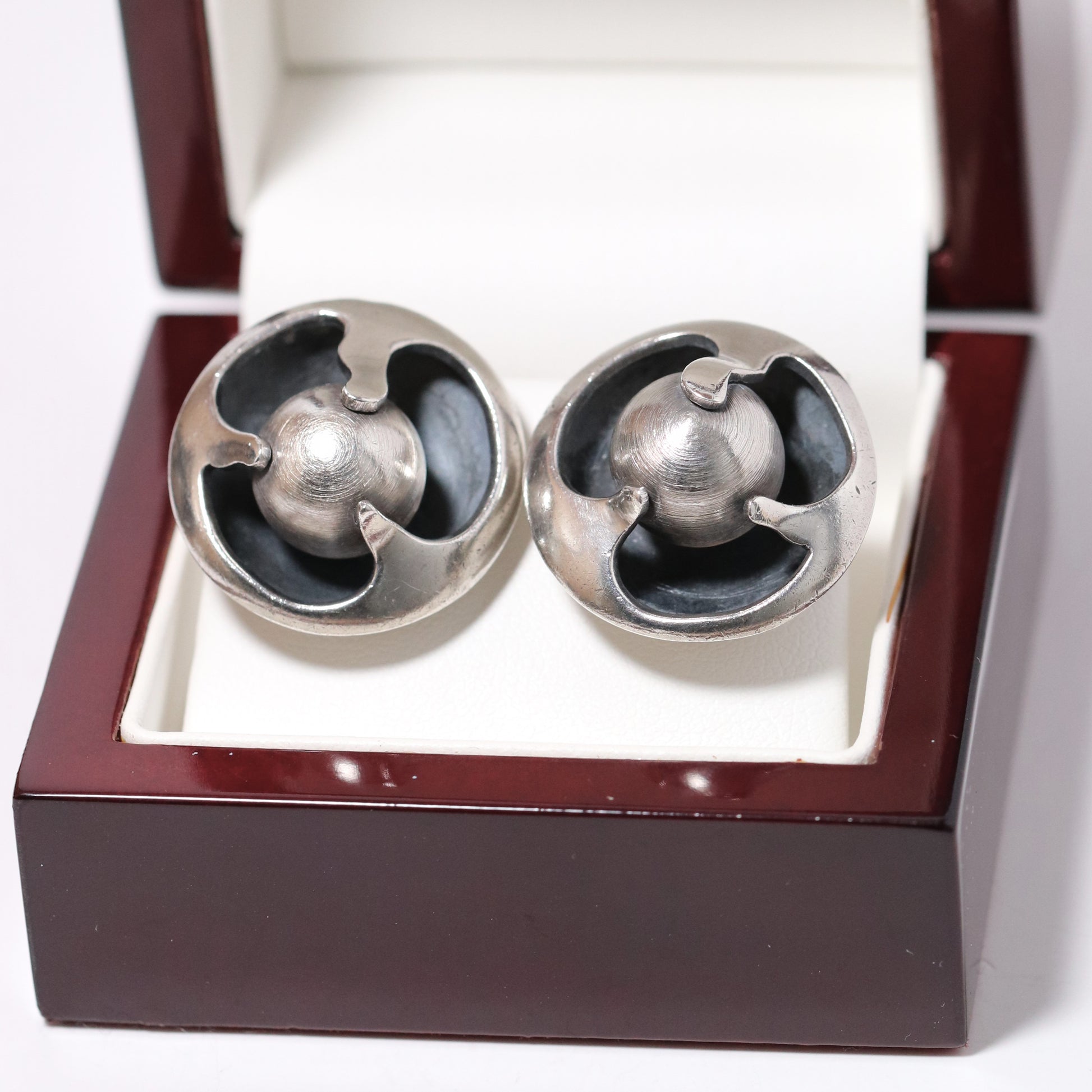 Sigi Pineda large Taxco silver earrings with encased ball design in jewelry box