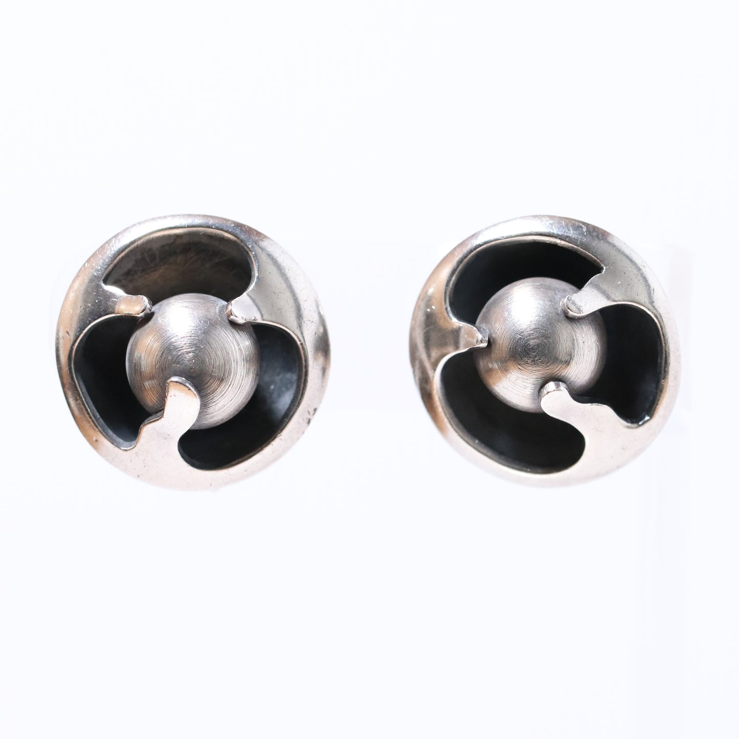 Sigi Pineda large encased ball Taxco silver earrings with modernist design