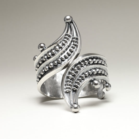 Vintage Taxco Silver Mexican Jewelry | Bead Trimmed Wrap Clamper Statement Bracelet