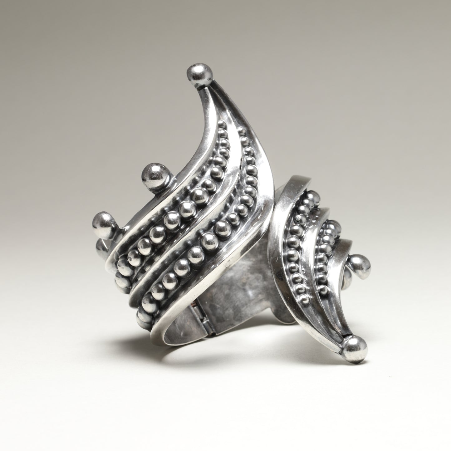Vintage Taxco Silver Mexican Jewelry | Bead Trimmed Wrap Clamper Statement Bracelet
