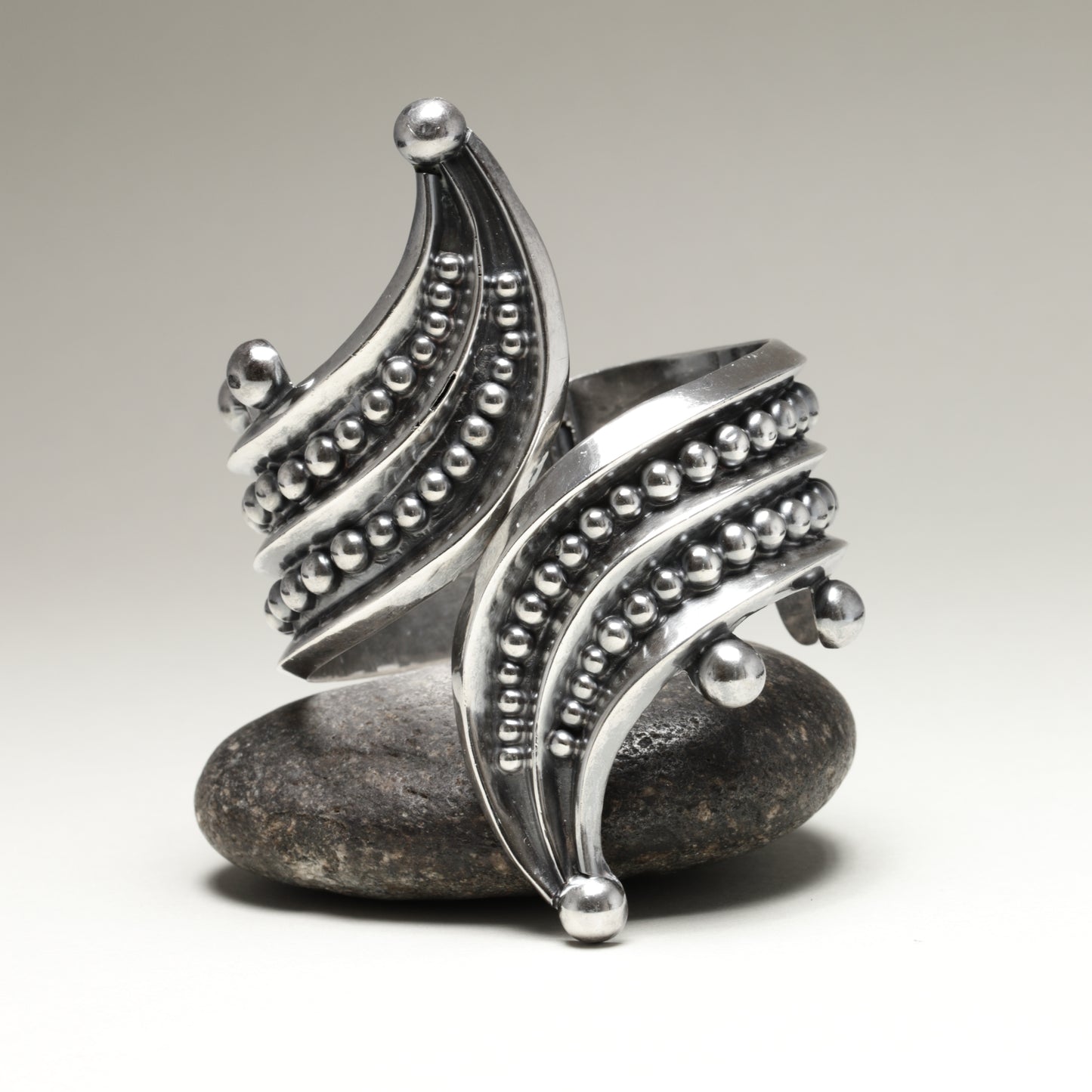 Vintage Taxco Silver Mexican Jewelry | Bead Trimmed Wrap Clamper Statement Bracelet