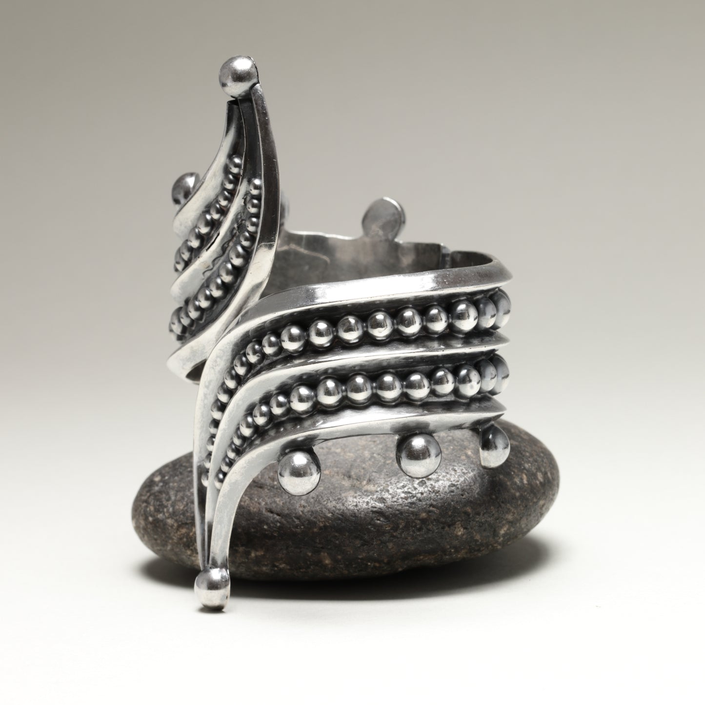 Vintage Taxco Silver Mexican Jewelry | Bead Trimmed Wrap Clamper Statement Bracelet