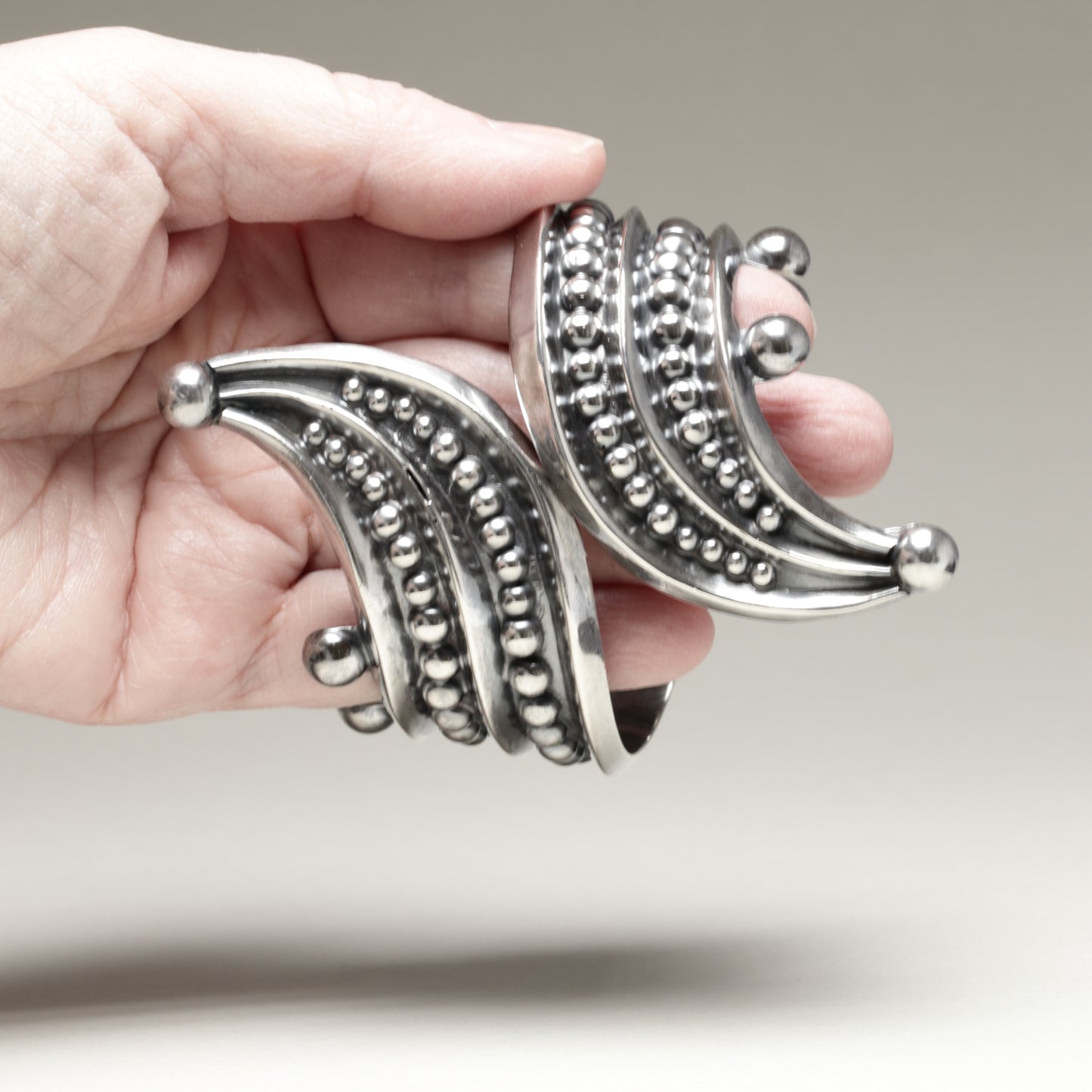 Vintage Taxco Silver Mexican Jewelry | Bead Trimmed Wrap Clamper Statement Bracelet