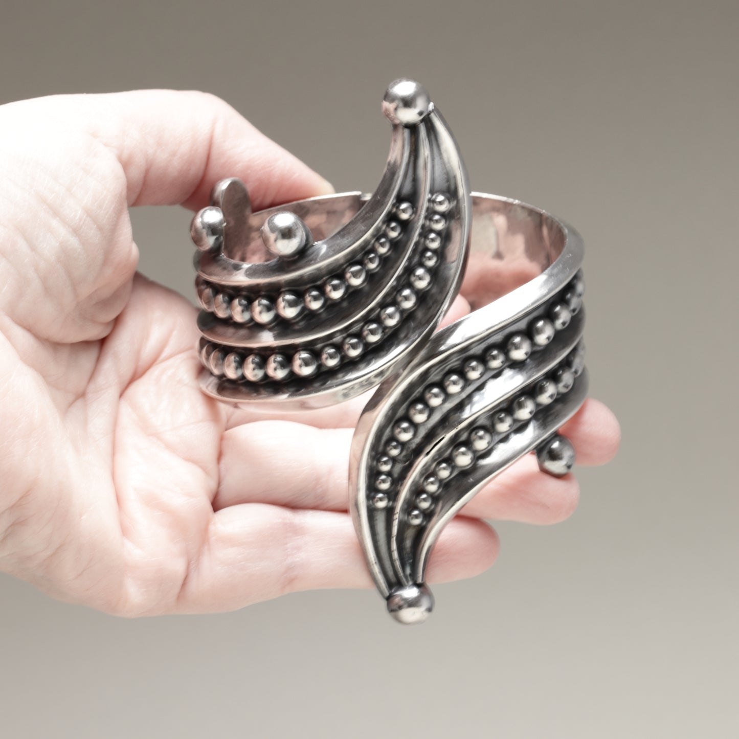 Vintage Taxco Silver Mexican Jewelry | Bead Trimmed Wrap Clamper Statement Bracelet