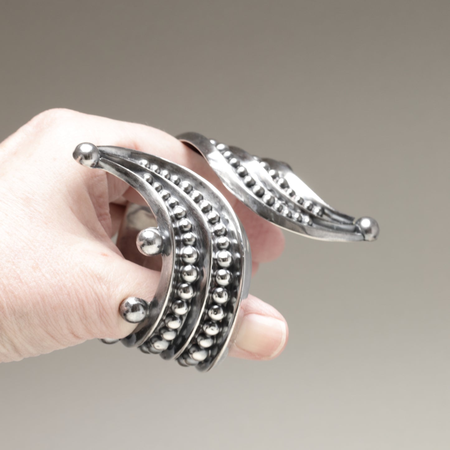 Vintage Taxco Silver Mexican Jewelry | Bead Trimmed Wrap Clamper Statement Bracelet
