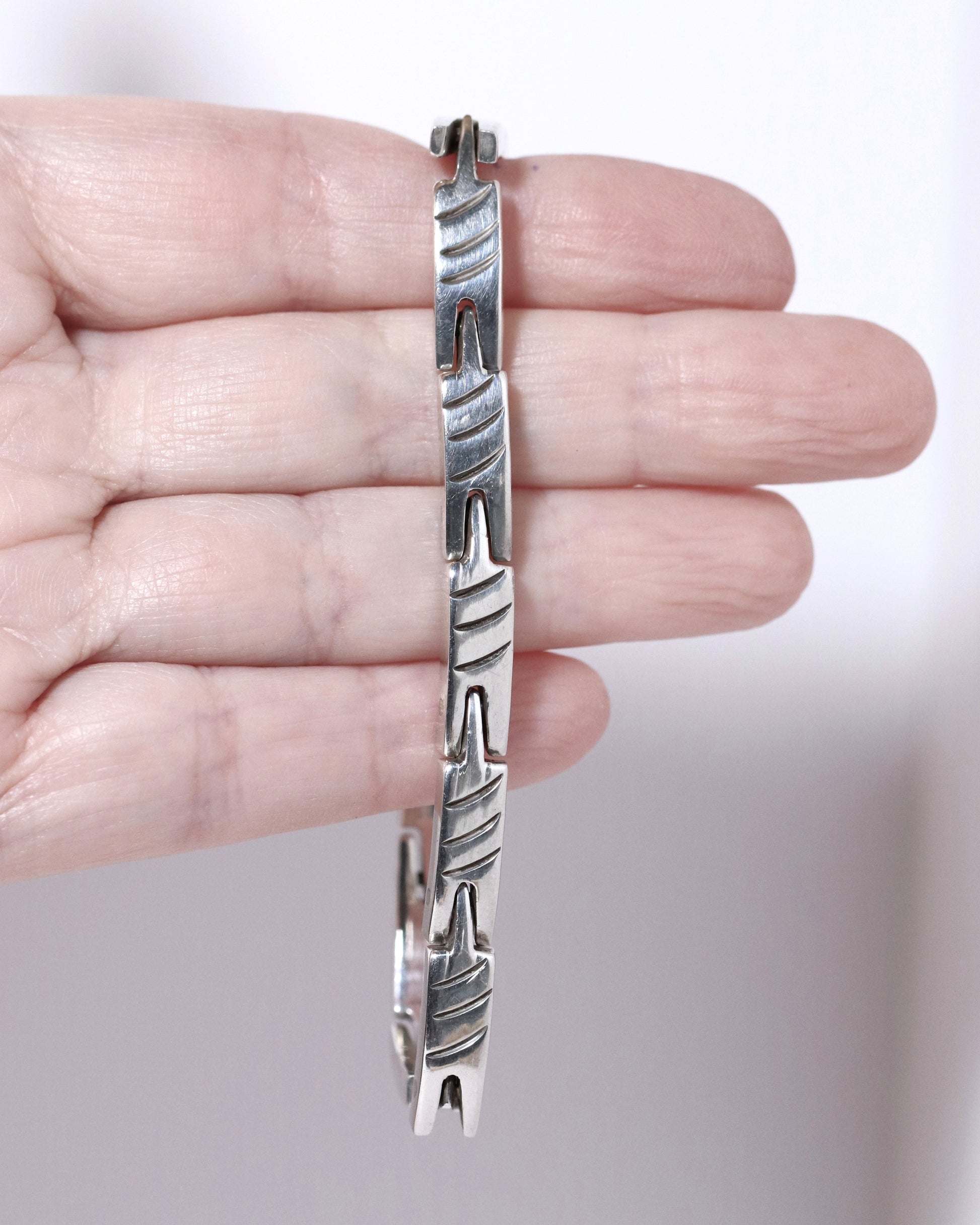 Vintage Modernist Silver Mexican Jewelry | Handcrafted Link Solid Sterling Silver Bracelet