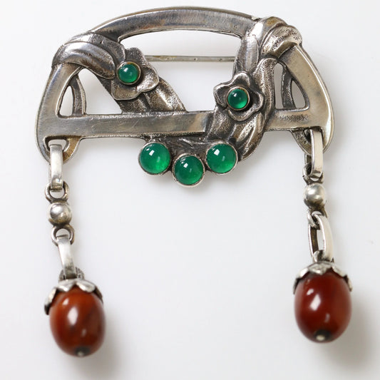 Antique Georg Jensen Jewelry | Rare Amber and Chrysoprase Floral Brooch 8 - Carmel Fine Silver Jewelry