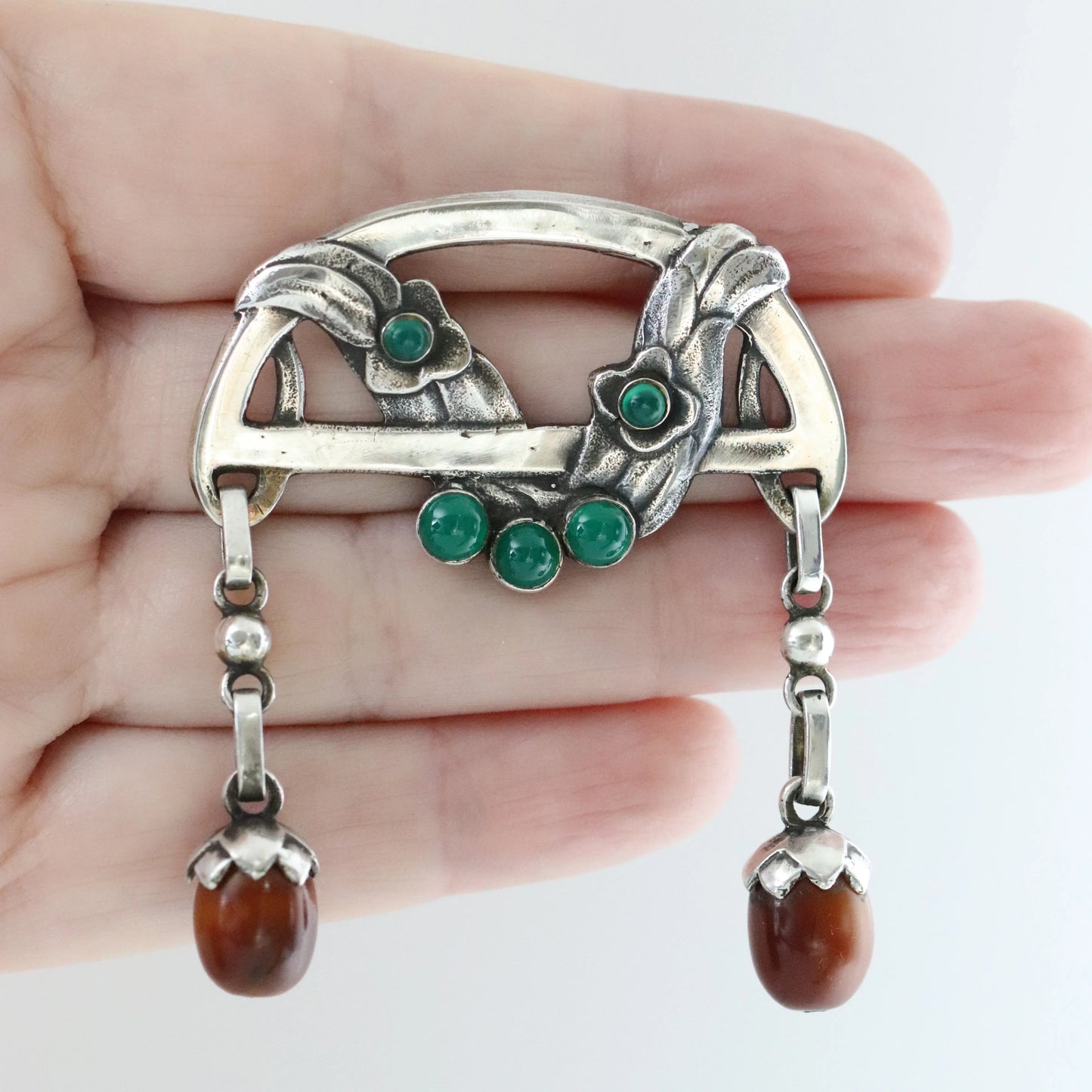 Antique Georg Jensen Jewelry | Rare Amber and Chrysoprase Floral Brooch 8 - Carmel Fine Silver Jewelry