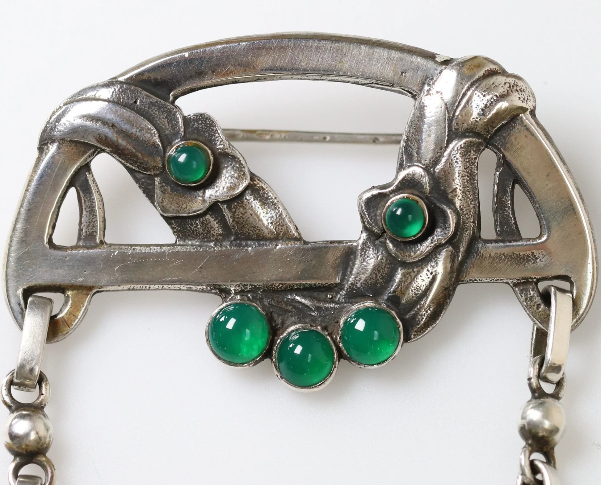 Antique Georg Jensen Jewelry | Rare Amber and Chrysoprase Floral Brooch 8 - Carmel Fine Silver Jewelry