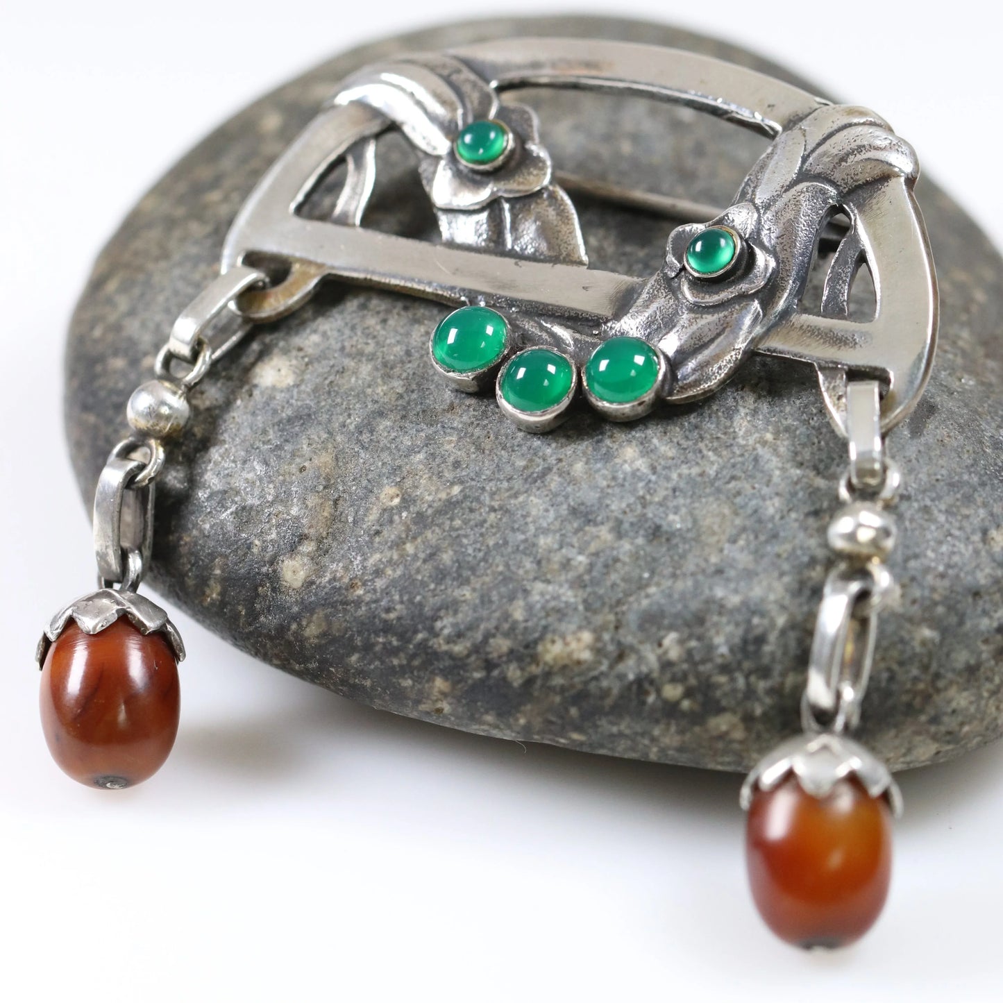 Antique Georg Jensen Jewelry | Rare Amber and Chrysoprase Floral Brooch 8 - Carmel Fine Silver Jewelry