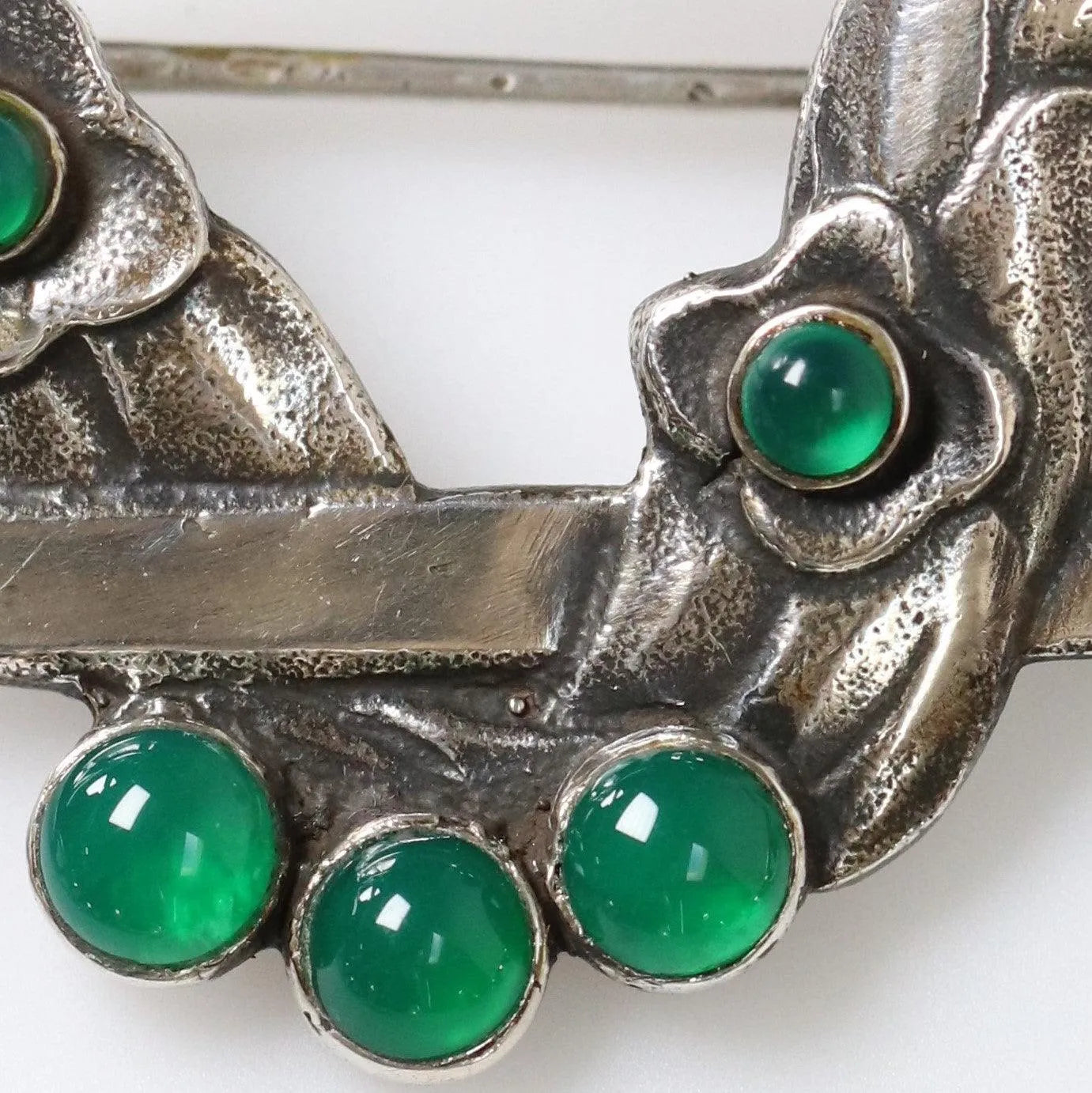 Georg Jensen antique silver floral brooch with round green amber and chrysoprase stones