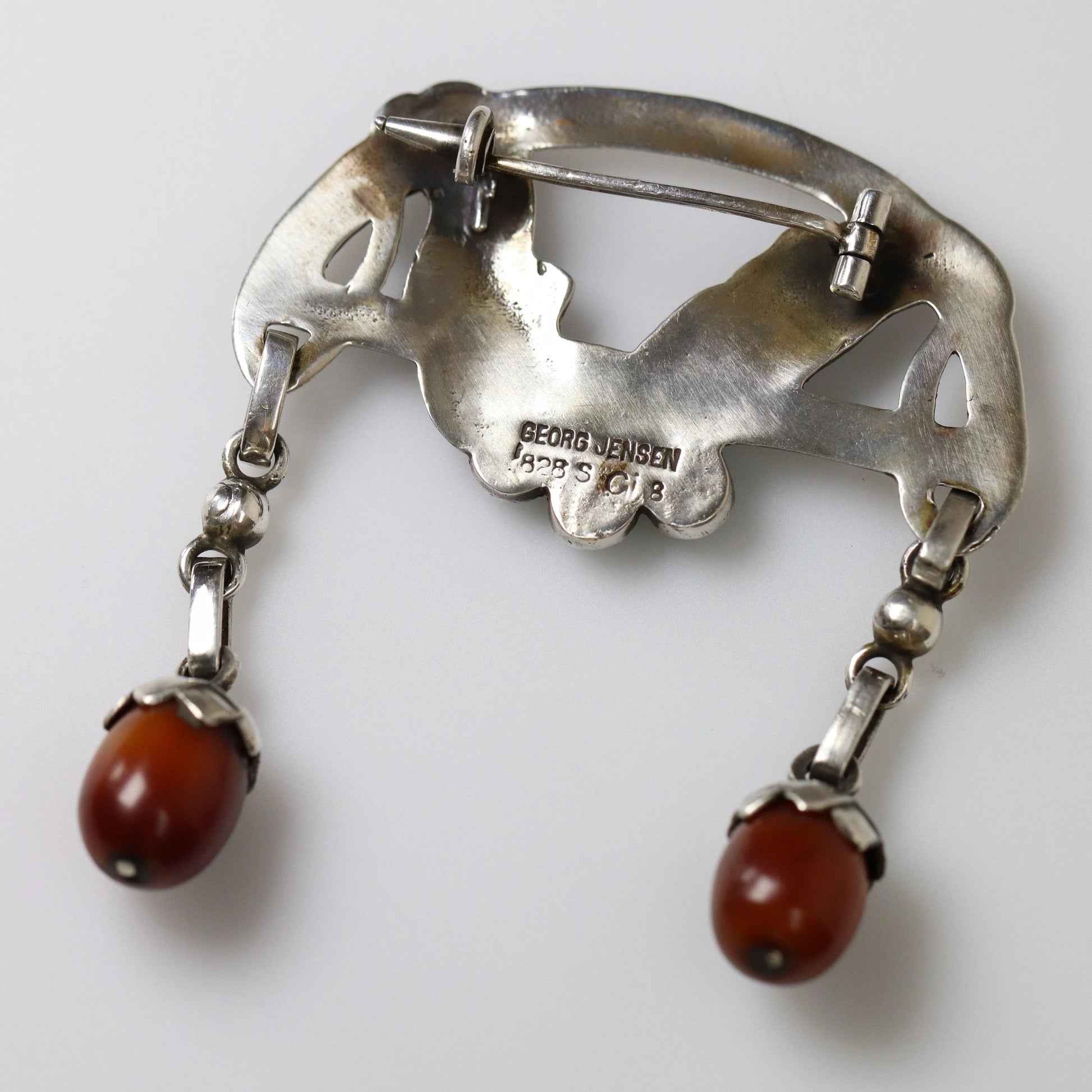 Georg Jensen silver brooch with amber drop accents, stamped maker mark, vintage jewelry