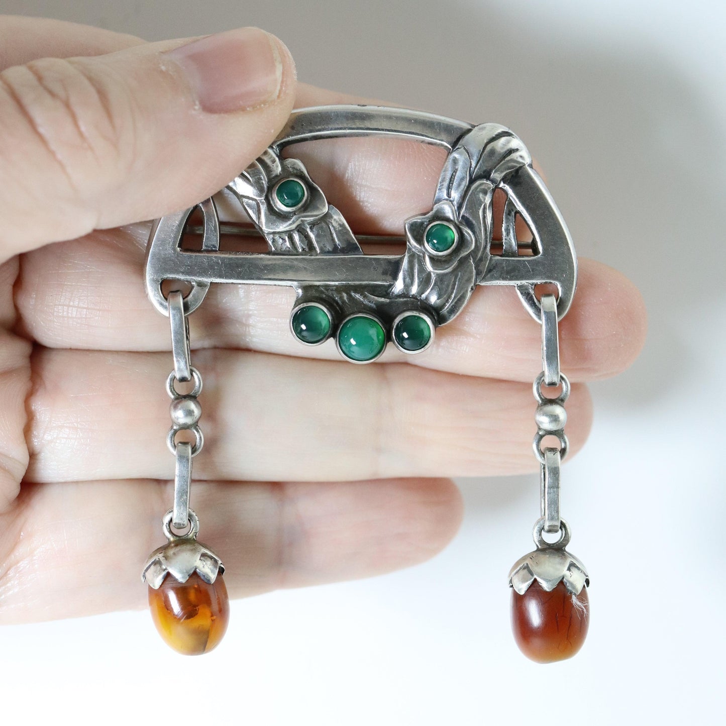 Antique Georg Jensen Jewelry | Rare Early Chrysoprase and Amber Brooch 8 - Carmel Fine Silver Jewelry