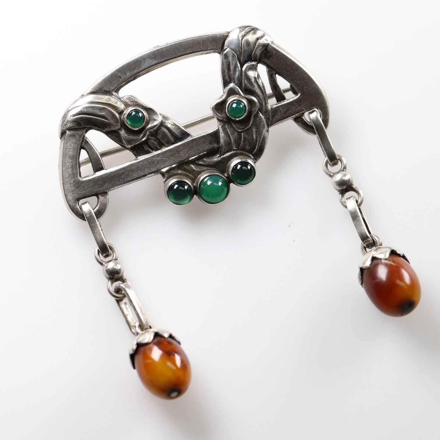 Antique Georg Jensen Jewelry | Rare Early Chrysoprase and Amber Brooch 8 - Carmel Fine Silver Jewelry