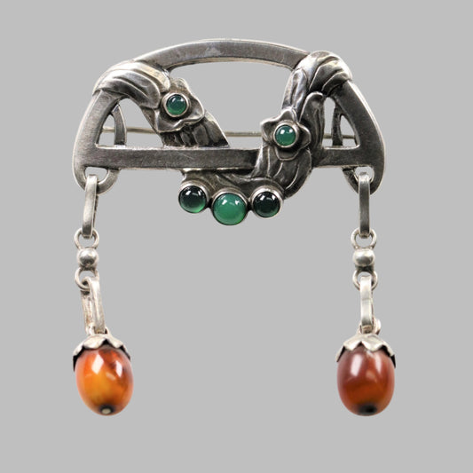 Antique Georg Jensen Jewelry | Rare Early Chrysoprase and Amber Brooch 8 - Carmel FSJ