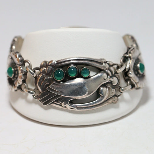 Antique Georg Jensen Jewelry | Rare Early Green Agate Bird Bracelet 23 - Carmel Fine Silver Jewelry