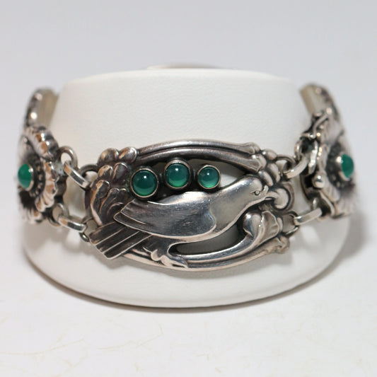 Antique Georg Jensen Jewelry | Rare Early Green Agate Bird Bracelet 23