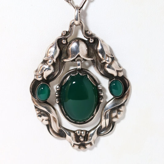 Antique Georg Jensen Jewelry | Rare Green Agate Necklace Pendant 64