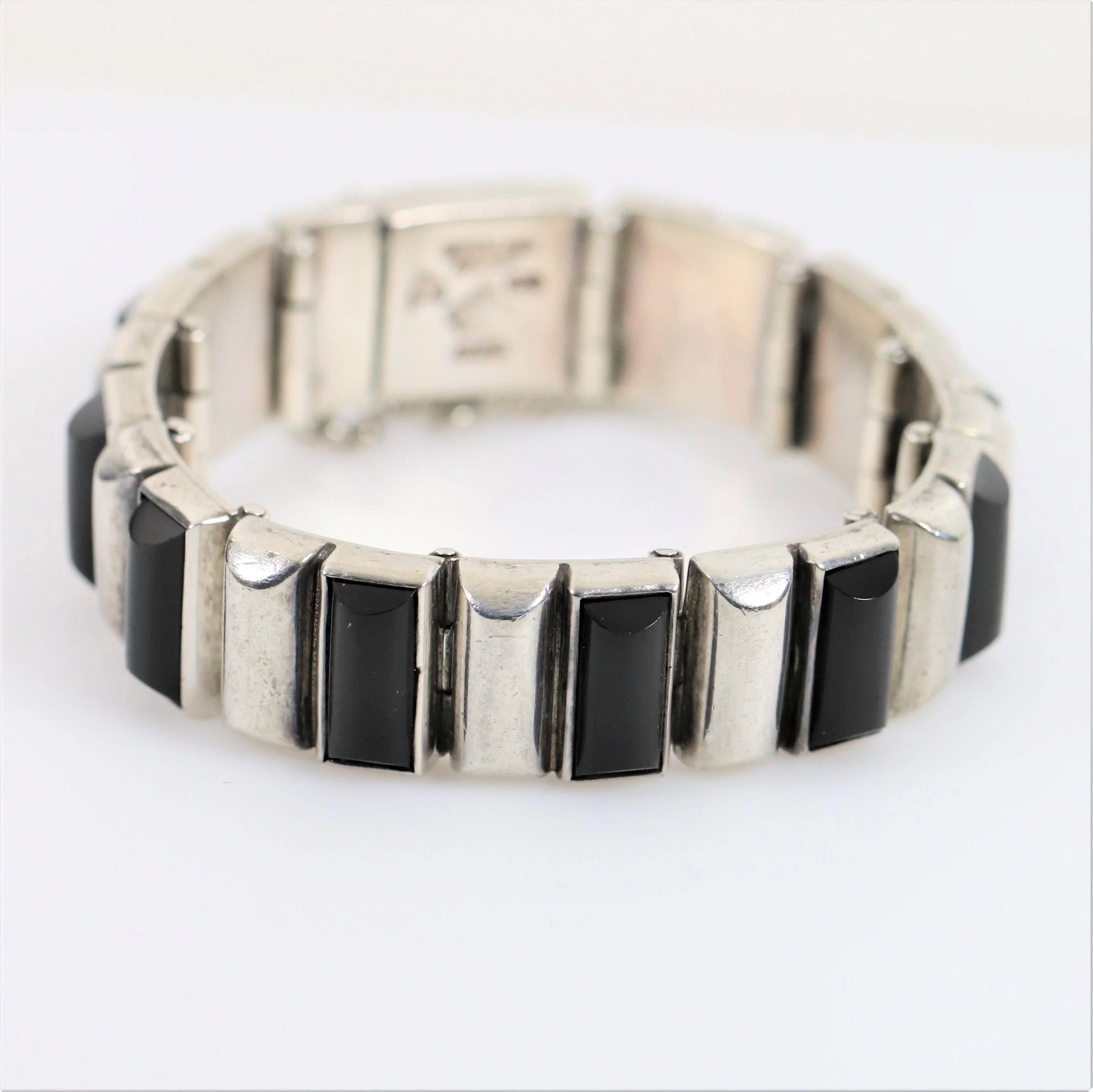 Antonio Pineda Bracelet | Taxco Mid-Century Modernist Hinged Onyx | Vintage 970 Sterling Silver Mexico - Carmel Fine Silver Jewelry