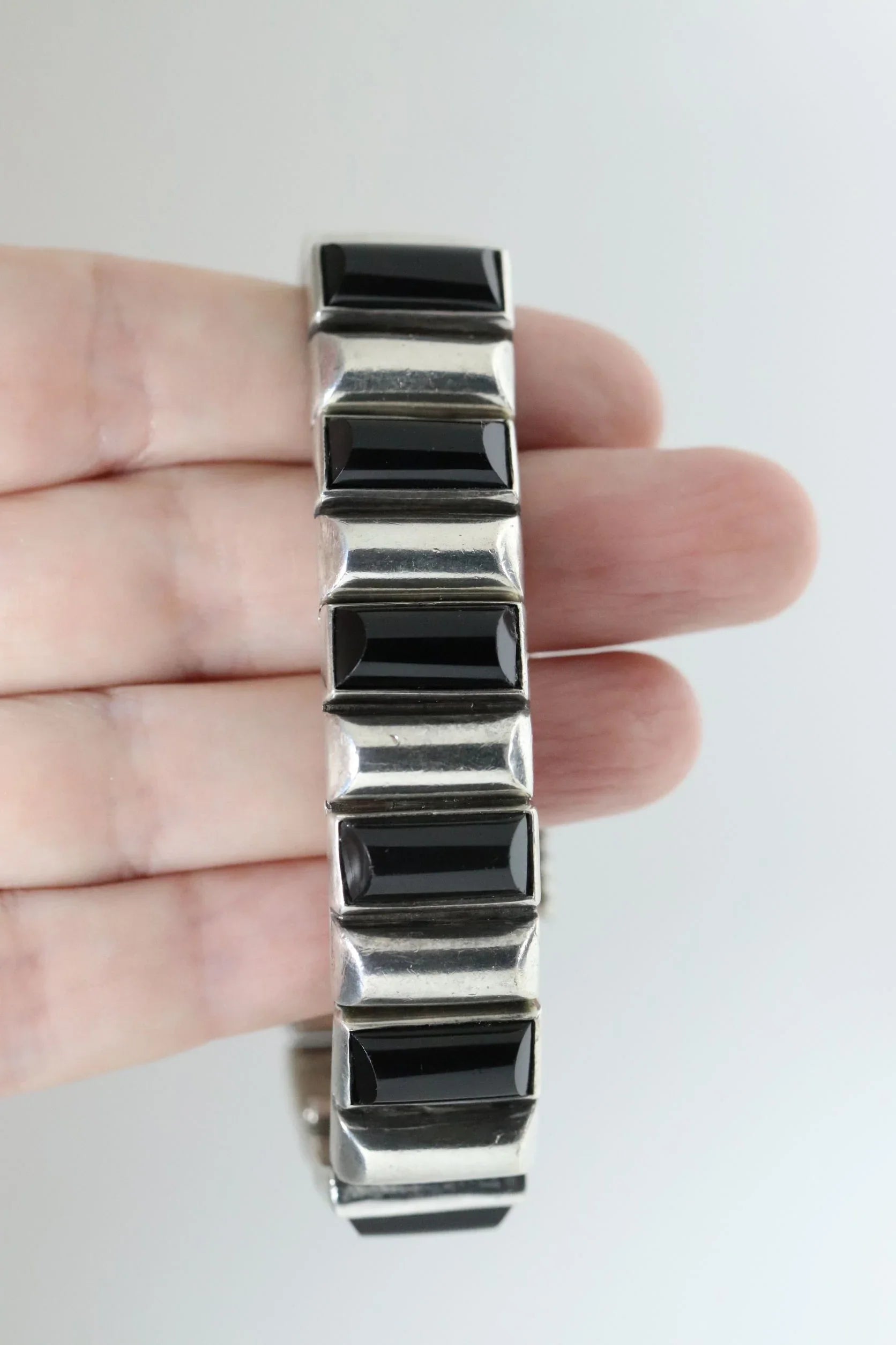 Antonio Pineda Bracelet | Taxco Mid-Century Modernist Hinged Onyx | Vintage 970 Sterling Silver Mexico - Carmel Fine Silver Jewelry