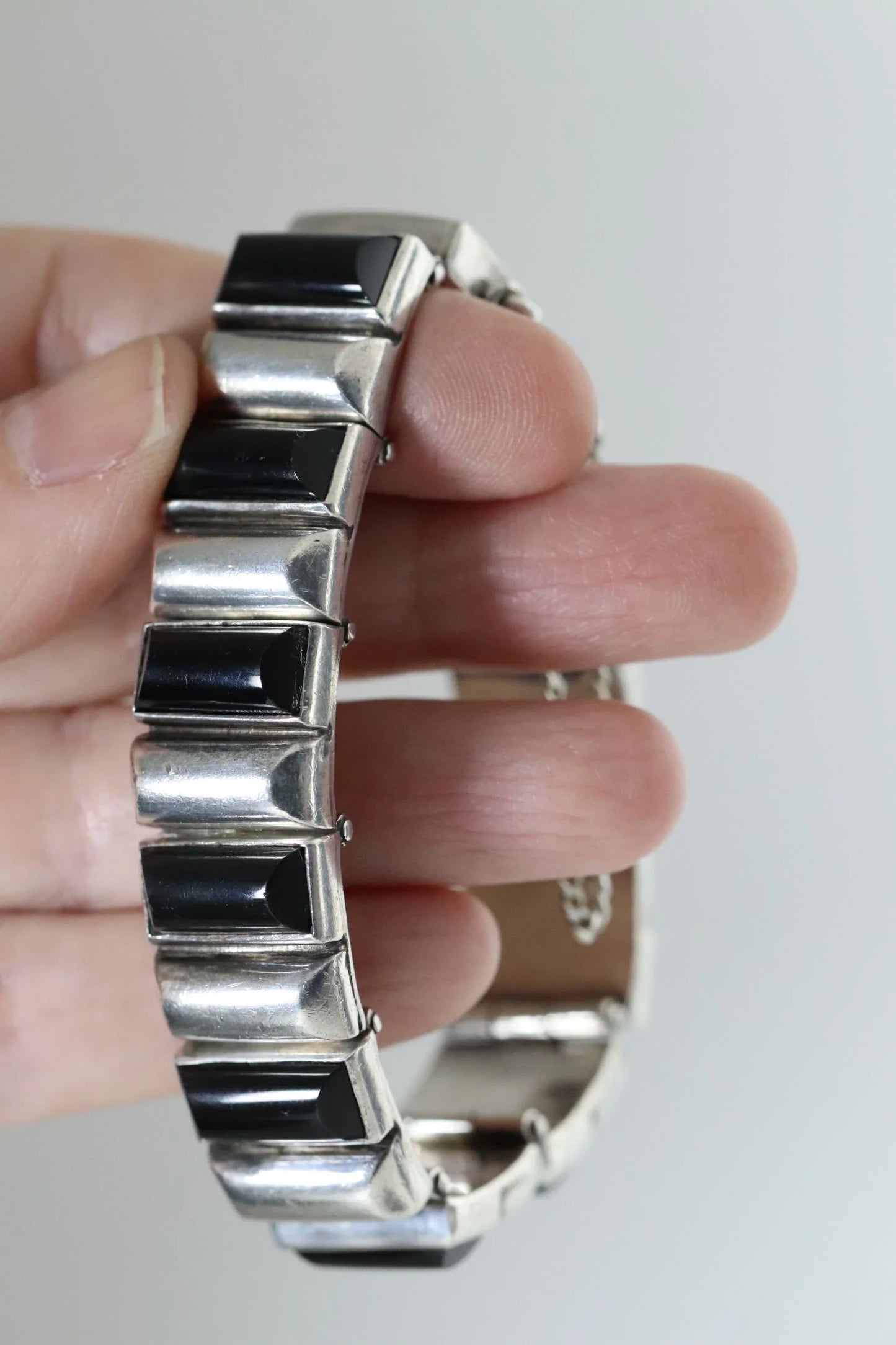 Antonio Pineda Bracelet | Taxco Mid-Century Modernist Hinged Onyx | Vintage 970 Sterling Silver Mexico - Carmel Fine Silver Jewelry