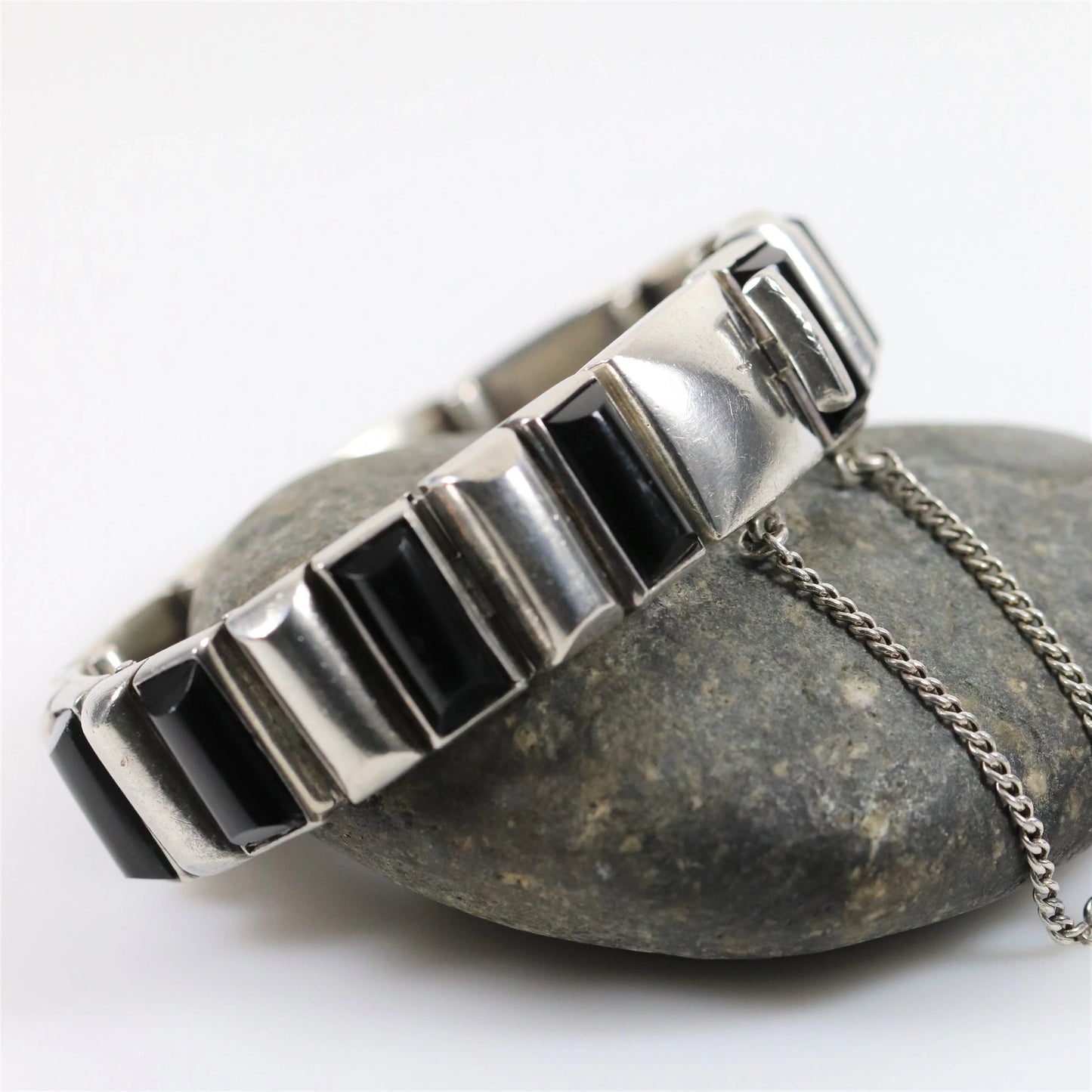 Antonio Pineda Bracelet | Taxco Mid-Century Modernist Hinged Onyx | Vintage 970 Sterling Silver Mexico - Carmel Fine Silver Jewelry