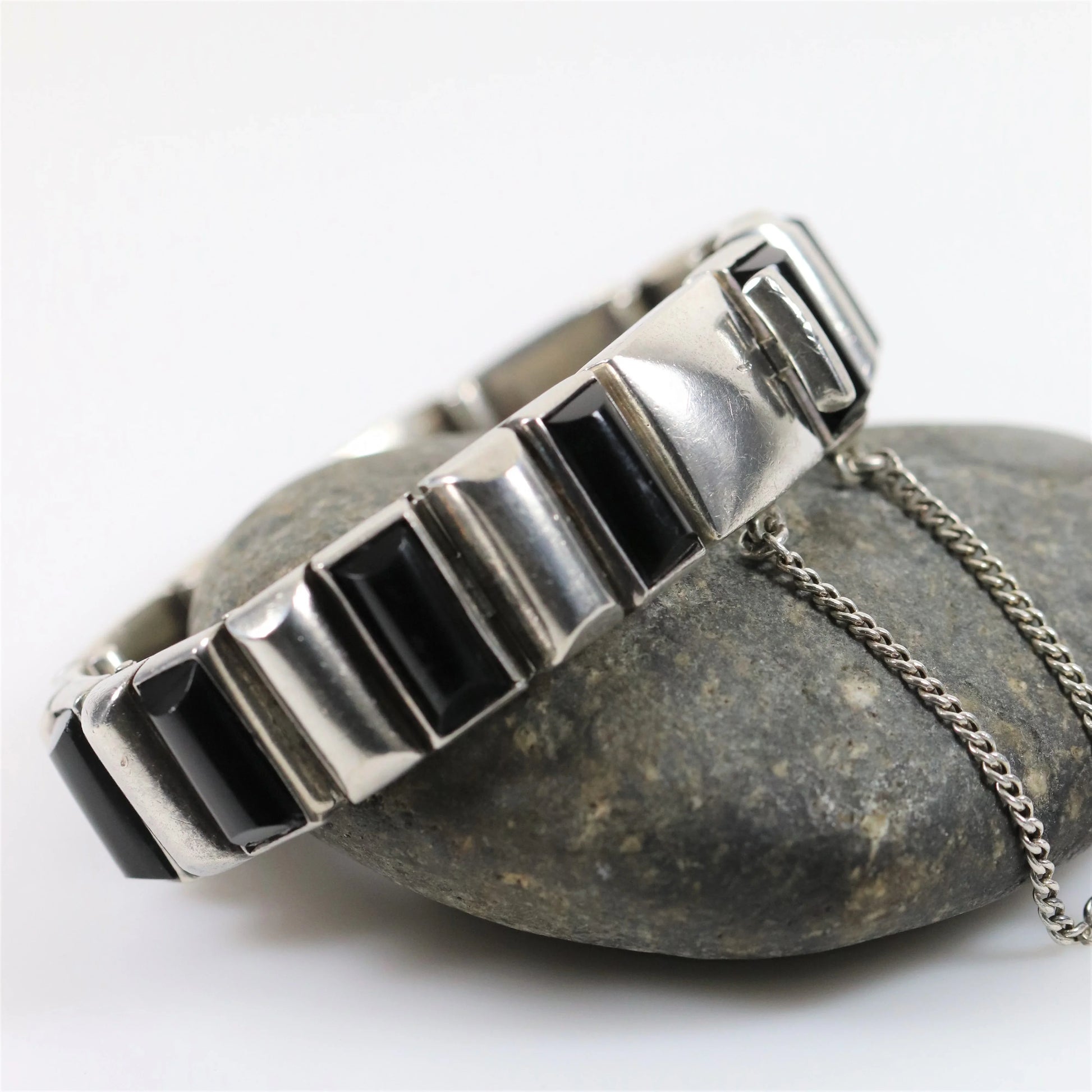 Antonio Pineda Bracelet | Taxco Mid-Century Modernist Hinged Onyx | Vintage 970 Sterling Silver Mexico - Carmel Fine Silver Jewelry