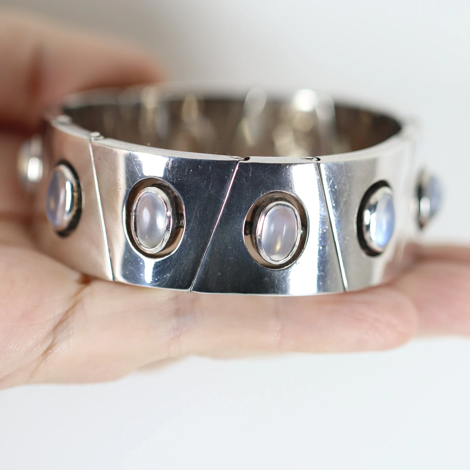 Antonio Pineda Bracelet | Taxco Mid-Century Modernist Moonstone | Vintage 970 Sterling Silver Mexico - Carmel Fine Silver Jewelry