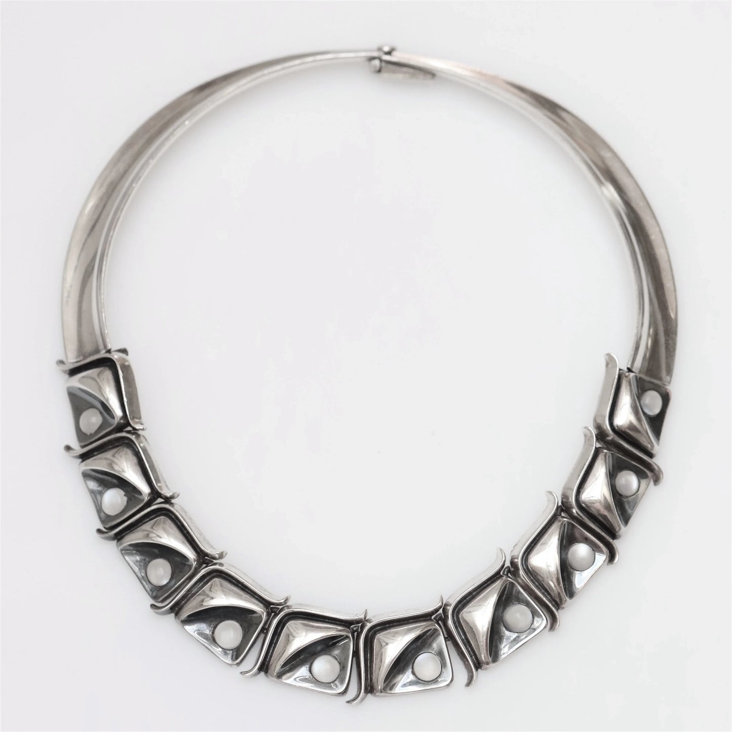 Antonio Pineda Necklace | Taxco Mid-Century Modernist Moonstone Choker | Vintage 970 Sterling Silver Mexico - Carmel Fine Silver Jewelry