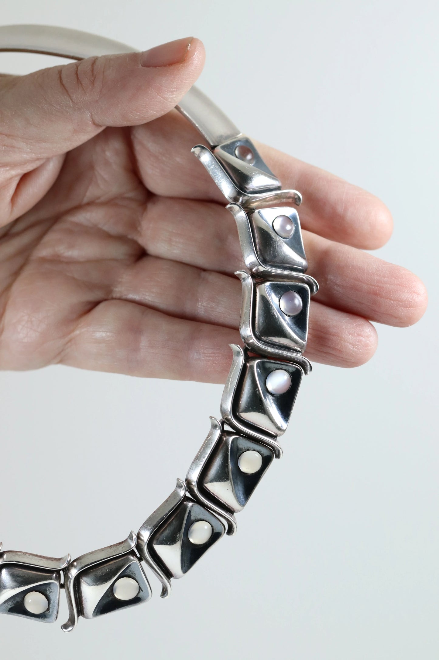 Antonio Pineda Necklace | Taxco Mid-Century Modernist Moonstone Choker | Vintage 970 Sterling Silver Mexico - Carmel Fine Silver Jewelry