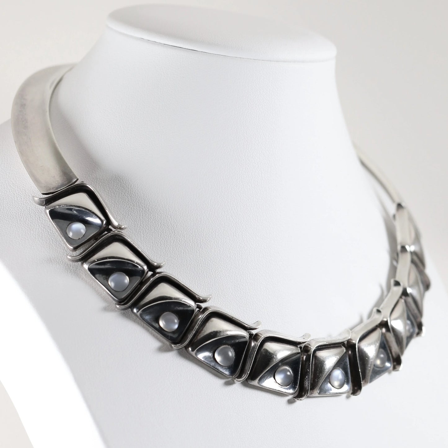 Antonio Pineda Necklace | Taxco Mid-Century Modernist Moonstone Choker | Vintage 970 Sterling Silver Mexico - Carmel Fine Silver Jewelry