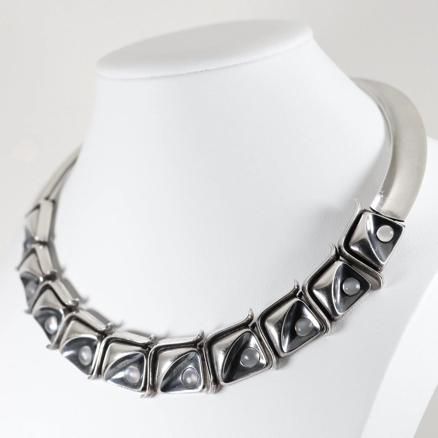 Antonio Pineda Necklace | Taxco Mid-Century Modernist Moonstone Choker | Vintage 970 Sterling Silver Mexico - Carmel Fine Silver Jewelry