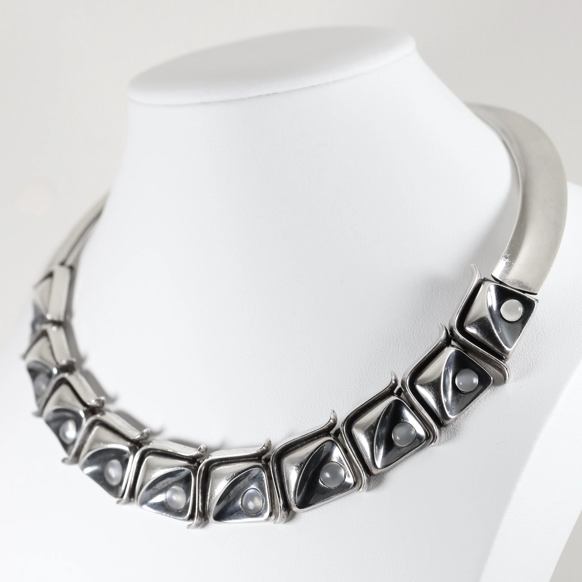 Antonio Pineda Necklace | Taxco Mid-Century Modernist Moonstone Choker | Vintage 970 Sterling Silver Mexico - Carmel Fine Silver Jewelry