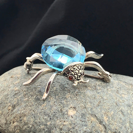Aqua Blue Beetle Brooch | Vintage Sterling Silver - Carmel FSJ