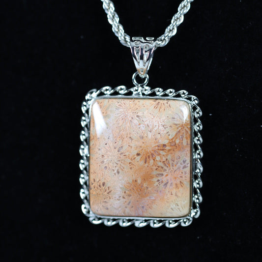 Coral Fossil Rectangular Necklace Pendant | Vintage Sterling Silver | 18" 2.5mm Rope Chain - Carmel FSJ