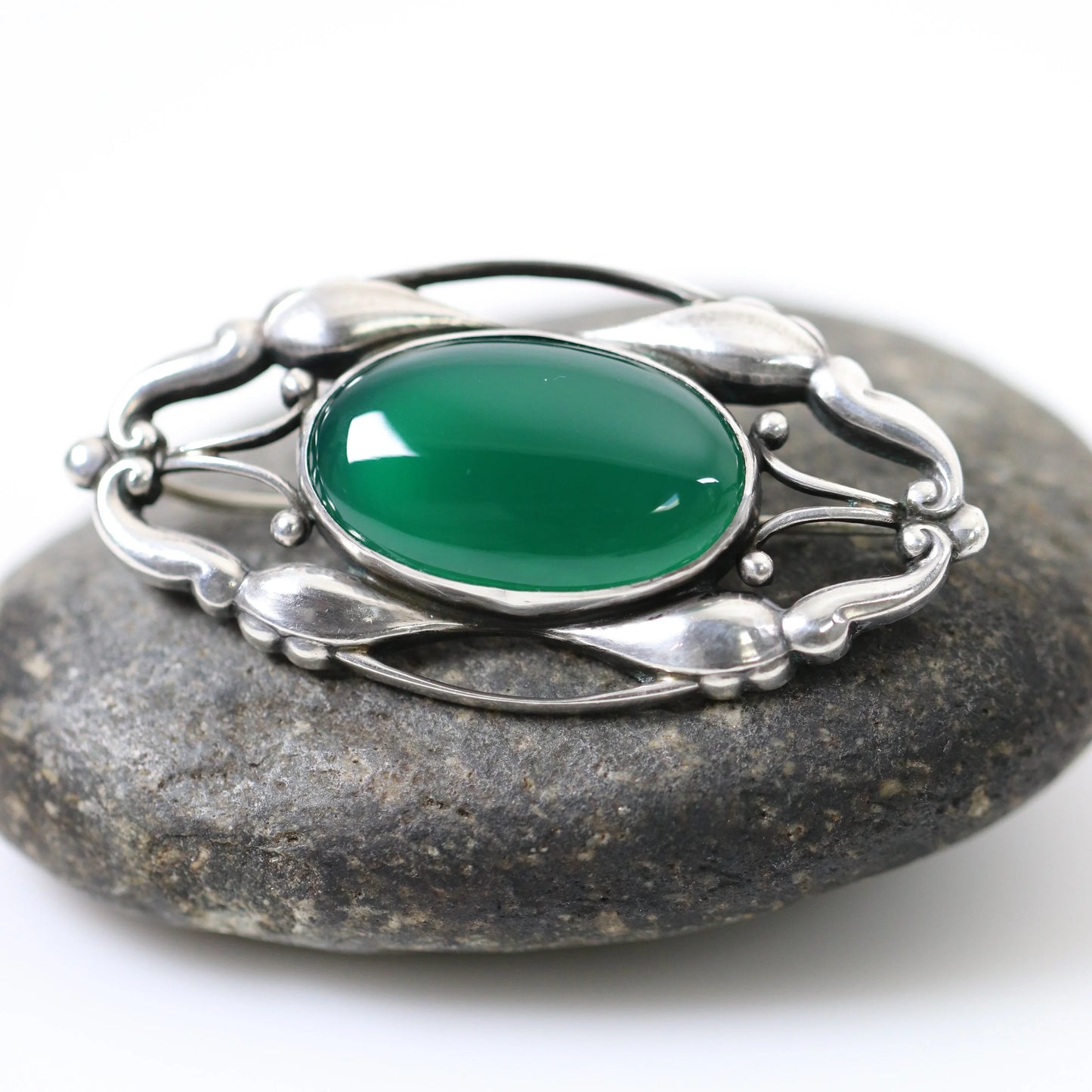 Early Georg Jensen Jewelry | Chrysoprase Art Nouveau Silver Vintage Brooch 197 - Carmel Fine Silver Jewelry