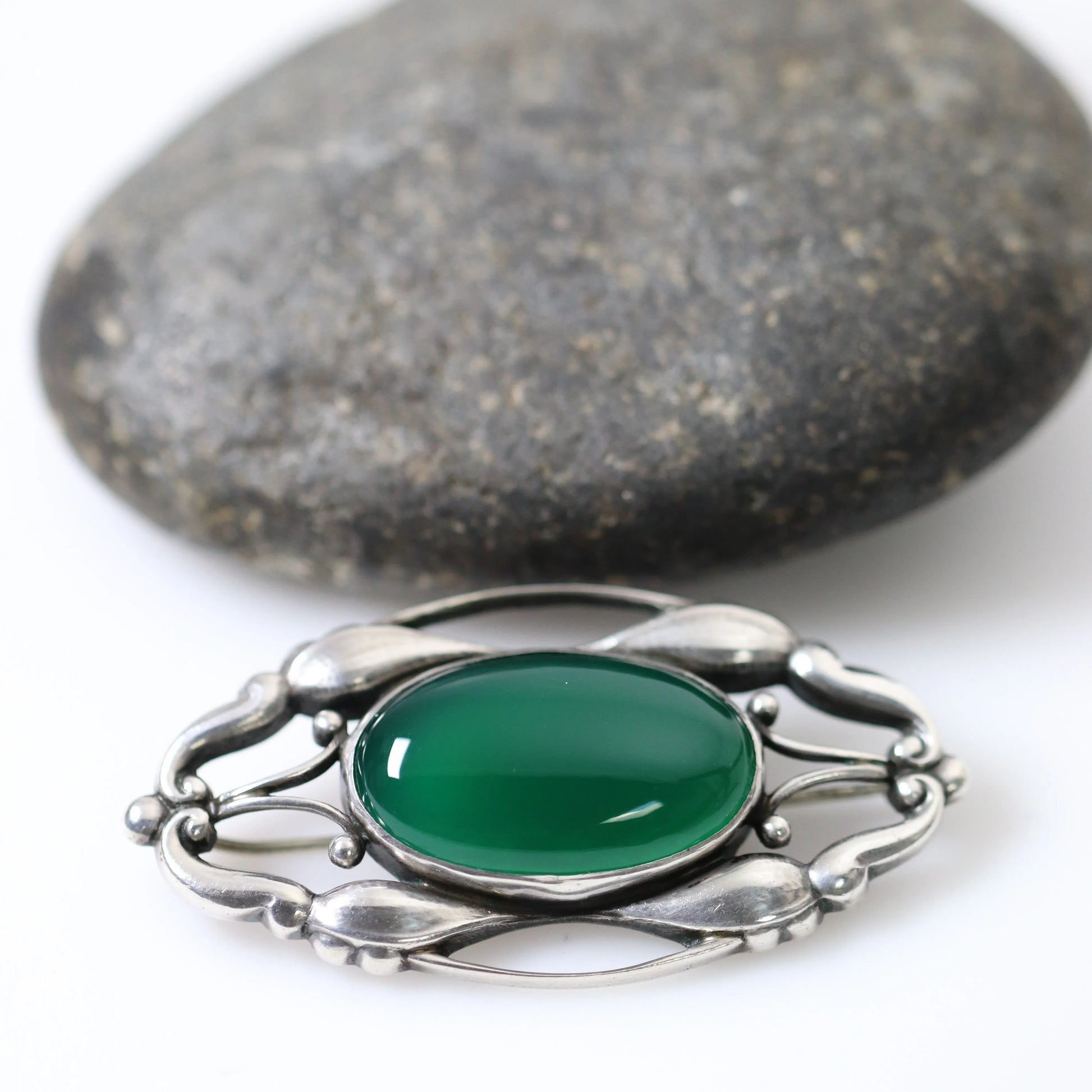 Early Georg Jensen Jewelry | Chrysoprase Art Nouveau Silver Vintage Brooch 197 - Carmel Fine Silver Jewelry