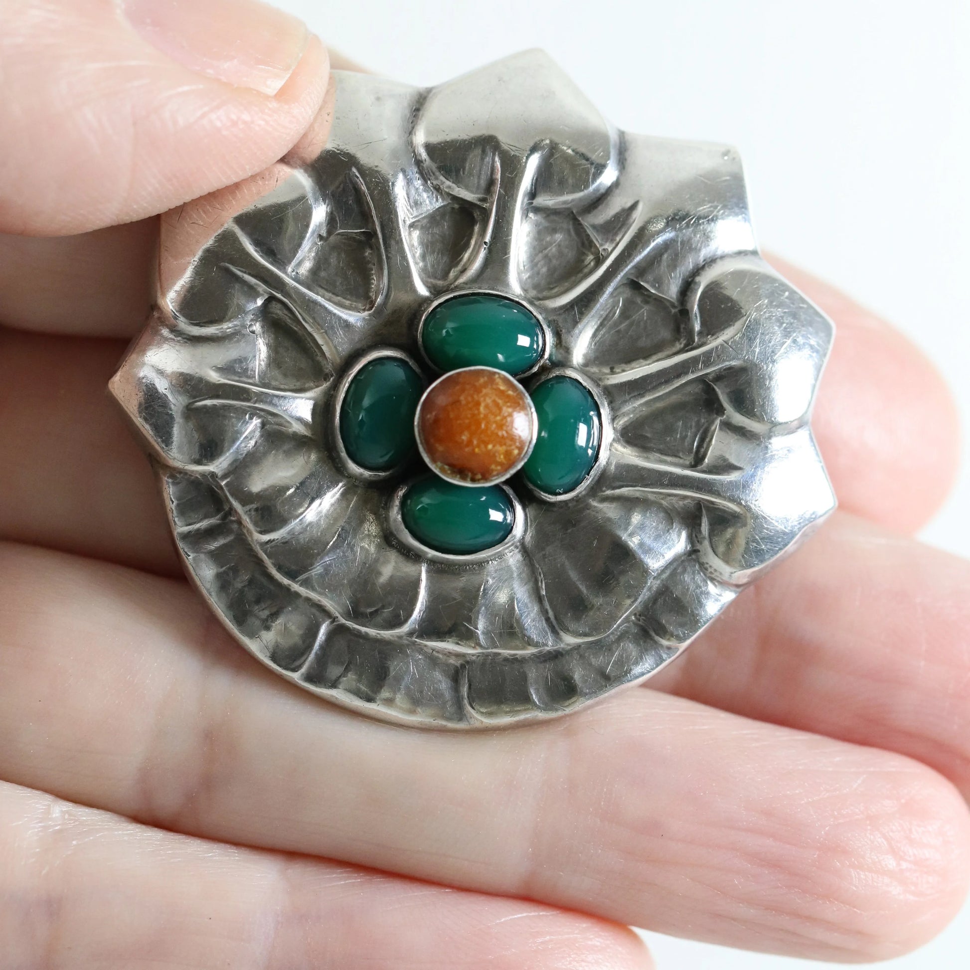 Georg Jensen Jewelry | Amber Chrysoprase Art Nouveau Silver Vintage Brooch 64 - Carmel Fine Silver Jewelry