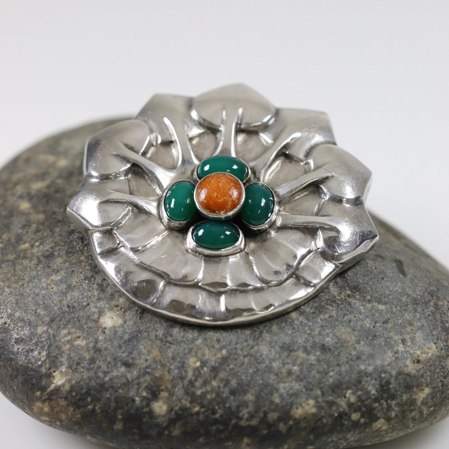 Georg Jensen Jewelry | Amber Chrysoprase Art Nouveau Silver Vintage Brooch 64 - Carmel Fine Silver Jewelry