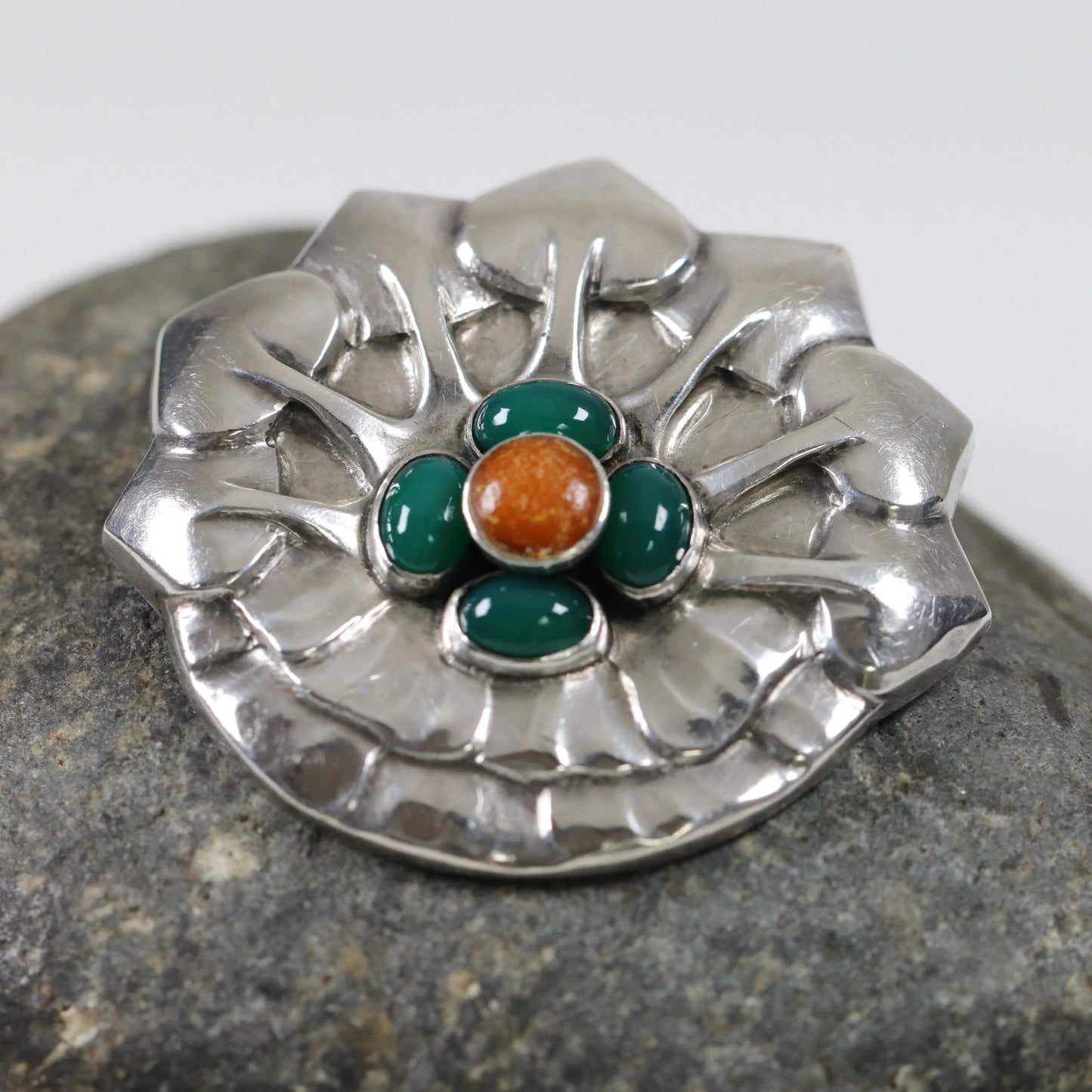 Georg Jensen Jewelry | Amber Chrysoprase Art Nouveau Silver Vintage Brooch 64 - Carmel Fine Silver Jewelry