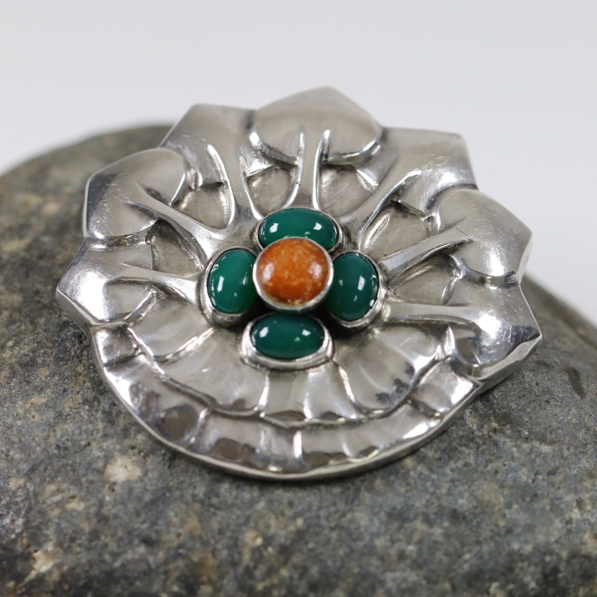Georg Jensen Jewelry | Amber Chrysoprase Art Nouveau Silver Vintage Brooch 64 - Carmel Fine Silver Jewelry