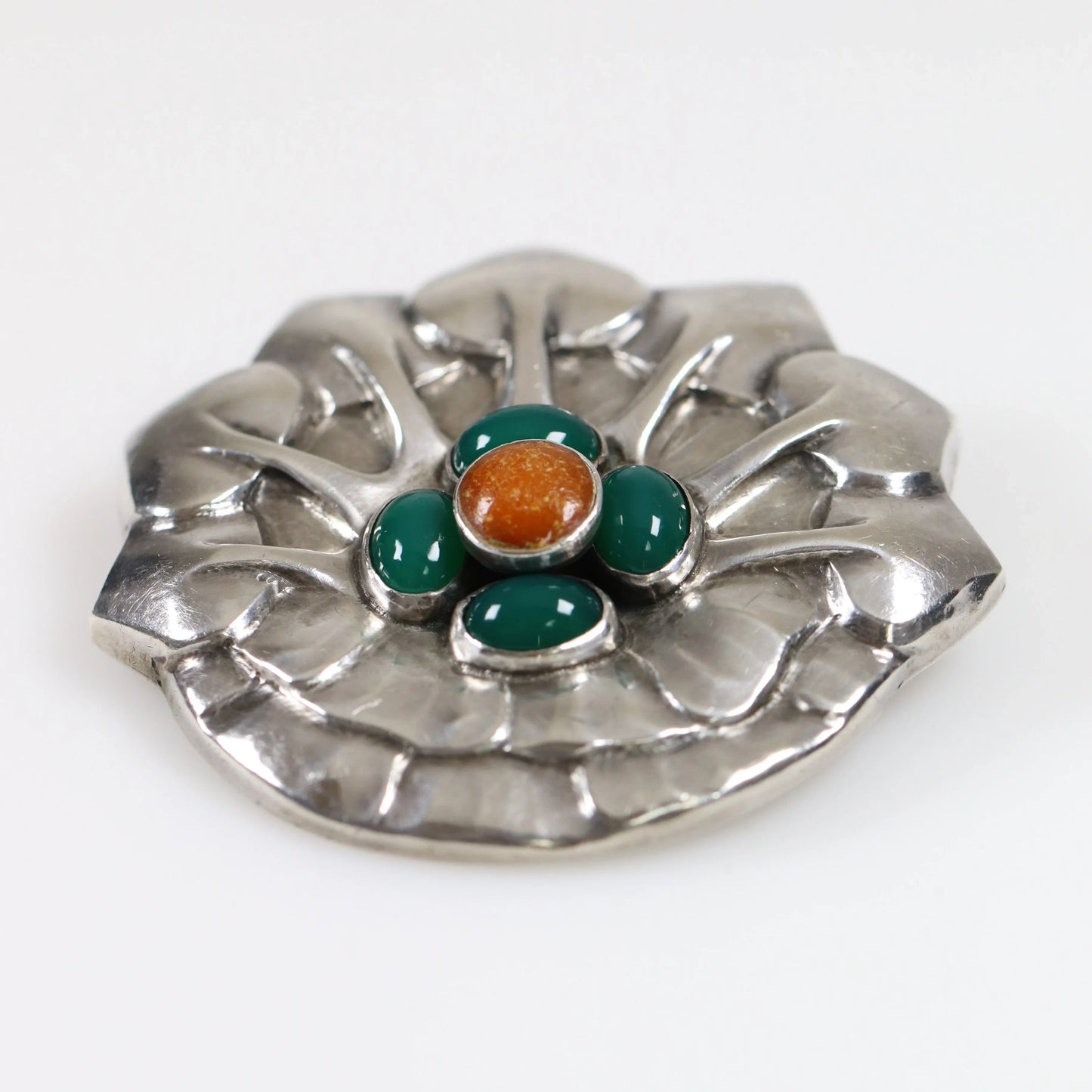 Georg Jensen Jewelry | Amber Chrysoprase Art Nouveau Silver Vintage Brooch 64 - Carmel Fine Silver Jewelry