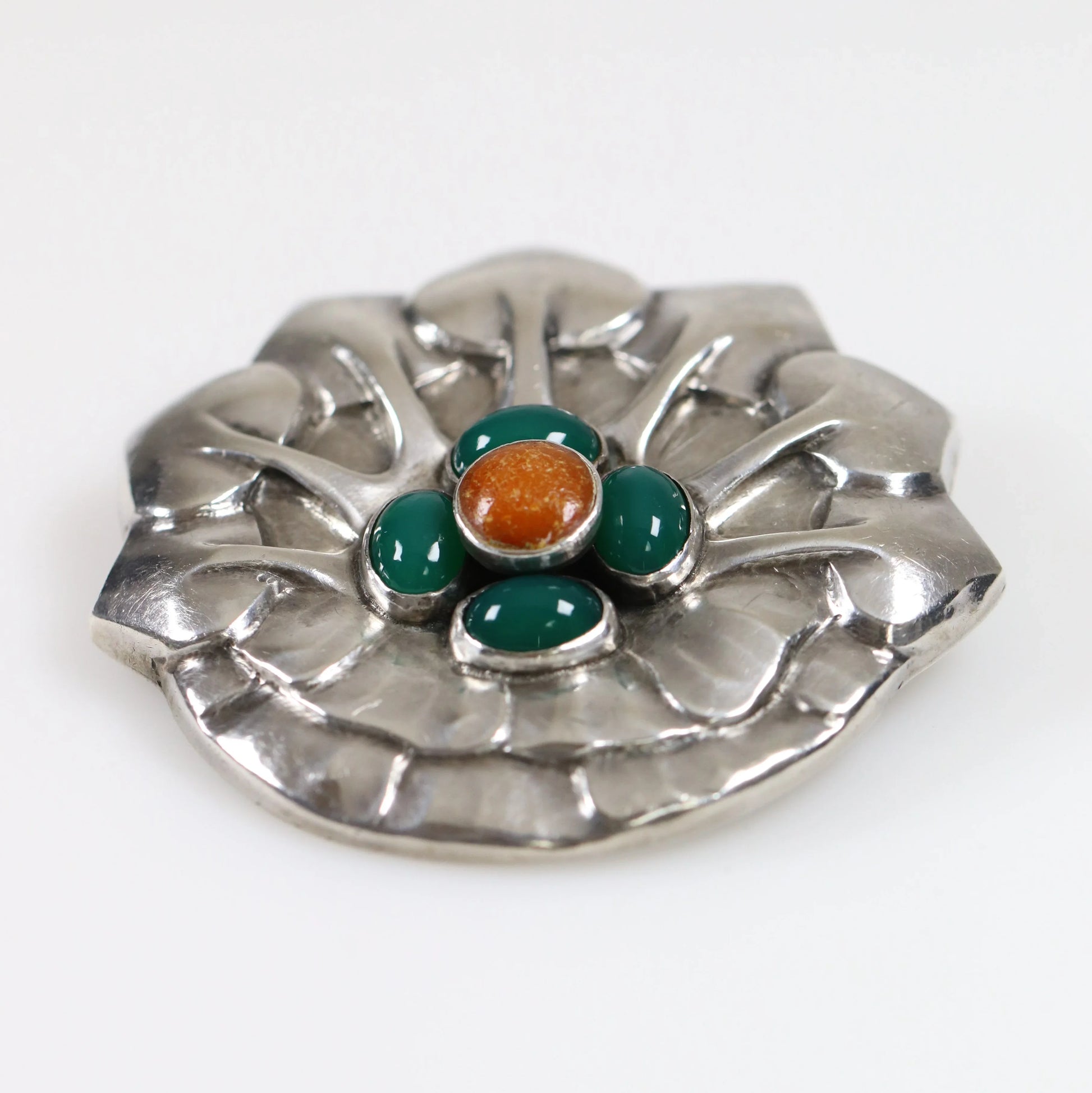 Georg Jensen Jewelry | Amber Chrysoprase Art Nouveau Silver Vintage Brooch 64 - Carmel Fine Silver Jewelry