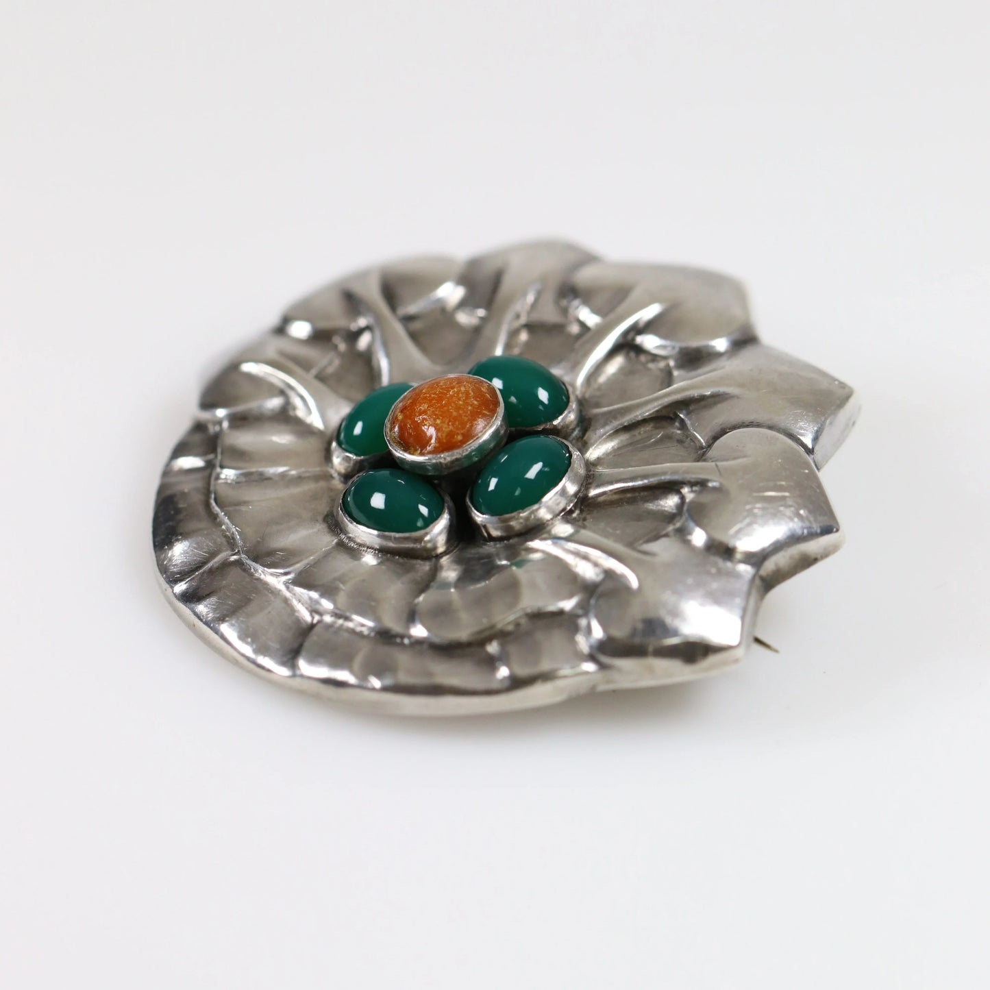 Georg Jensen Jewelry | Amber Chrysoprase Art Nouveau Silver Vintage Brooch 64 - Carmel Fine Silver Jewelry