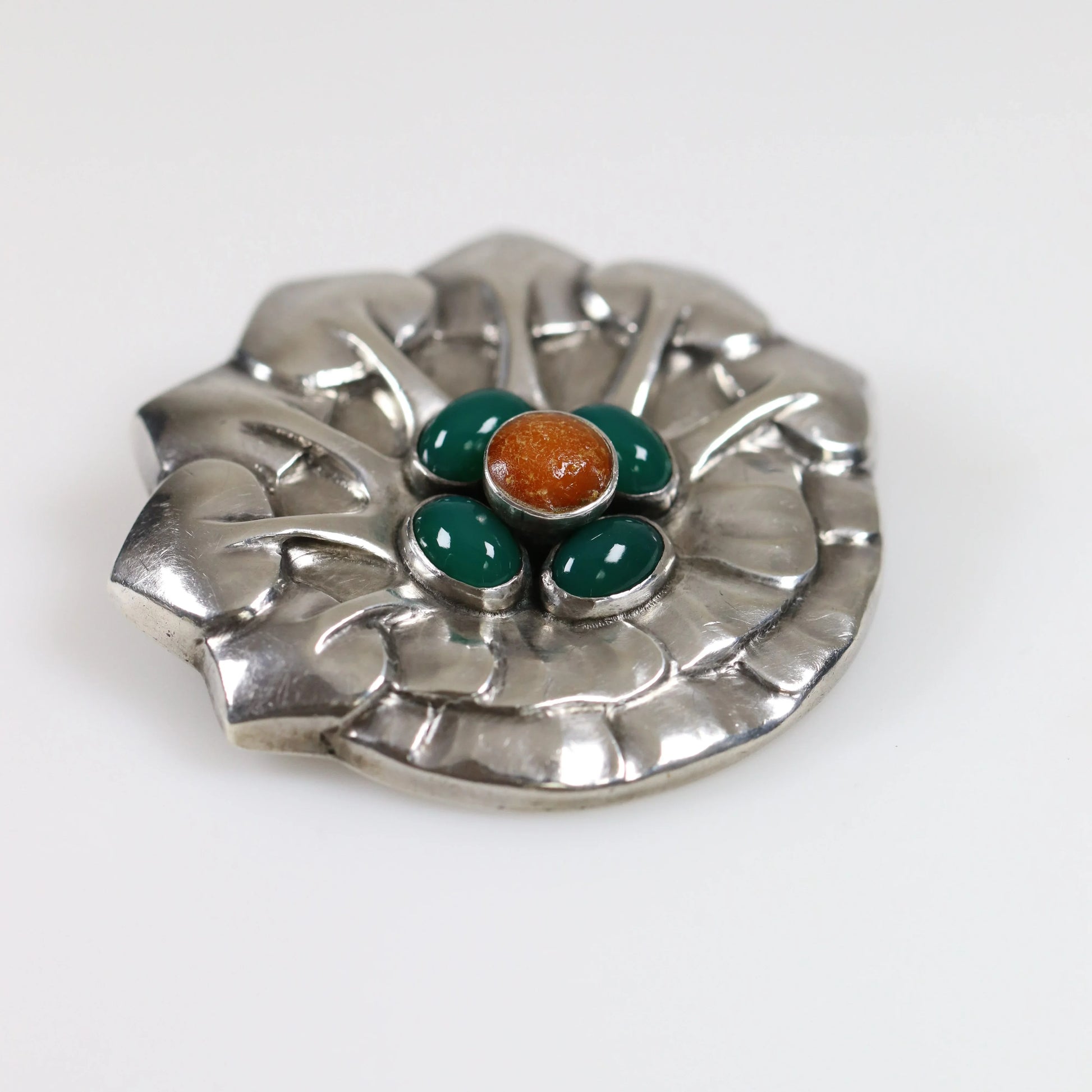 Georg Jensen Jewelry | Amber Chrysoprase Art Nouveau Silver Vintage Brooch 64 - Carmel Fine Silver Jewelry