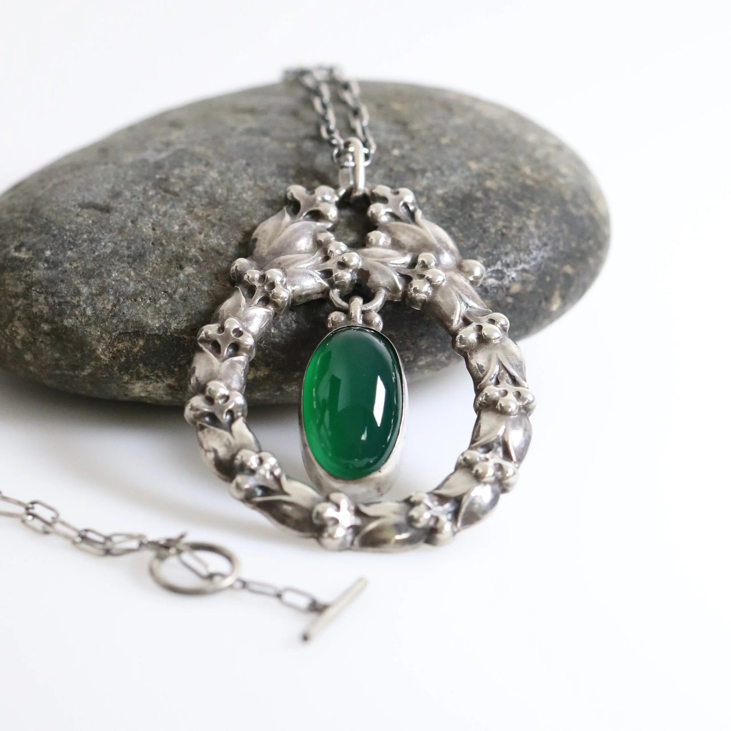 Georg Jensen Jewelry | Chrysoprase Art Nouveau Silver Vintage Necklace Pendant 20 - Carmel Fine Silver Jewelry