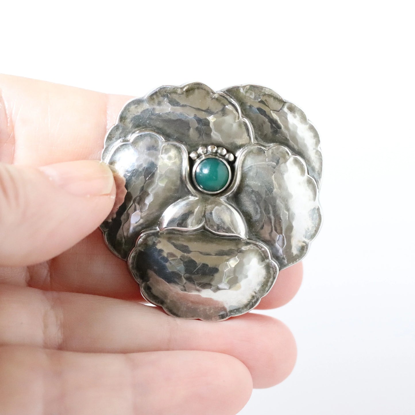 Georg Jensen Jewelry | Chrysoprase Pansy Art Nouveau Silver Vintage Brooch 113 - Carmel Fine Silver Jewelry